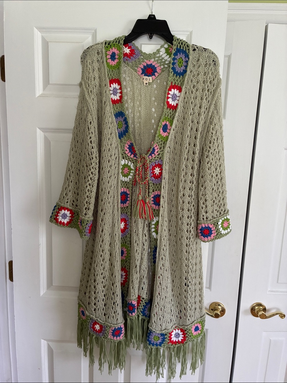 Boutique Boho Crochet-Trim Open Front Olive Green Sage Women's Sweater Cardigan - Picture 1 of 10